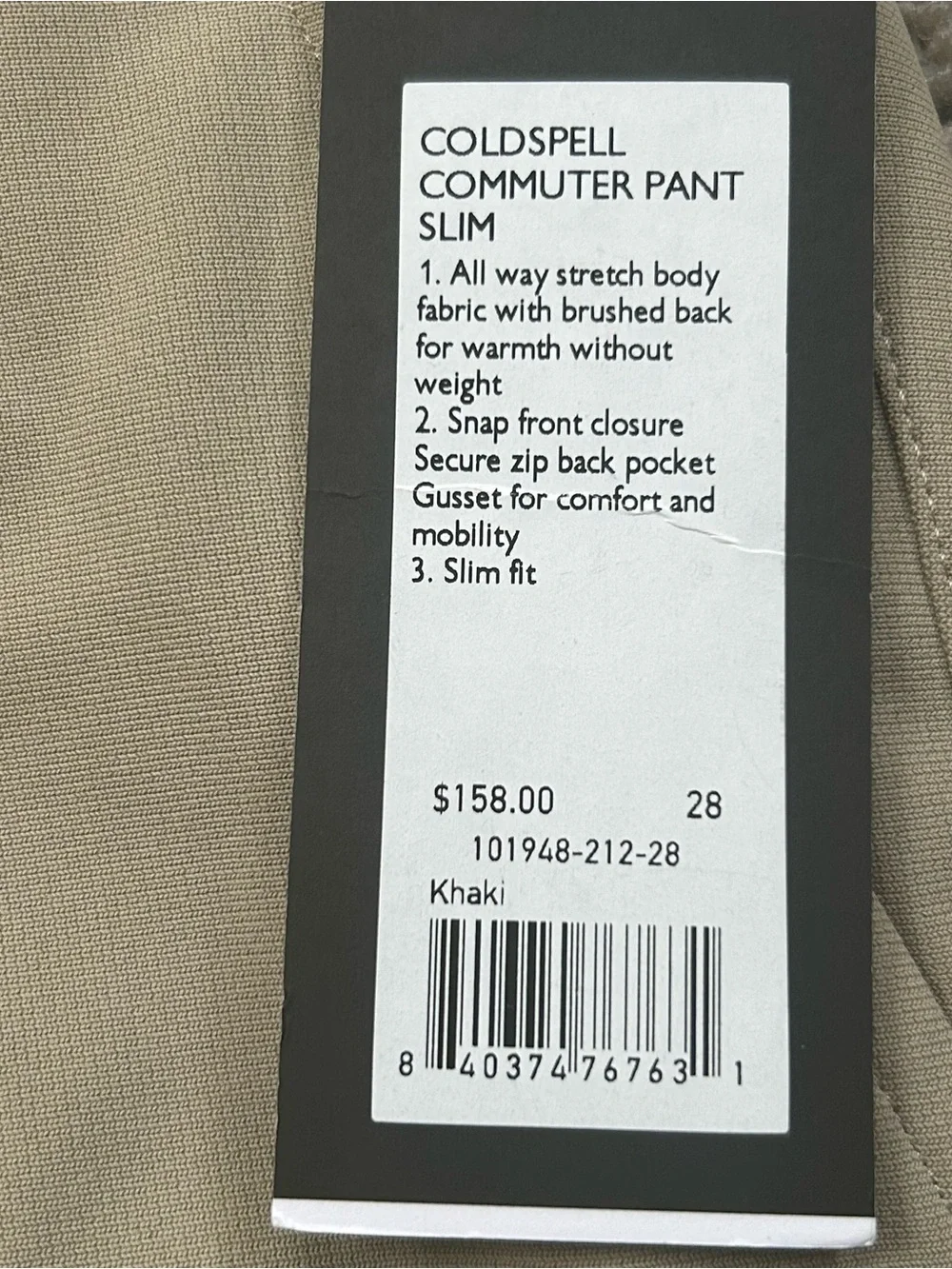 Rhone Coldspell Commuter 5 Pocket Pants Slim Performance Khaki Men's Size 28